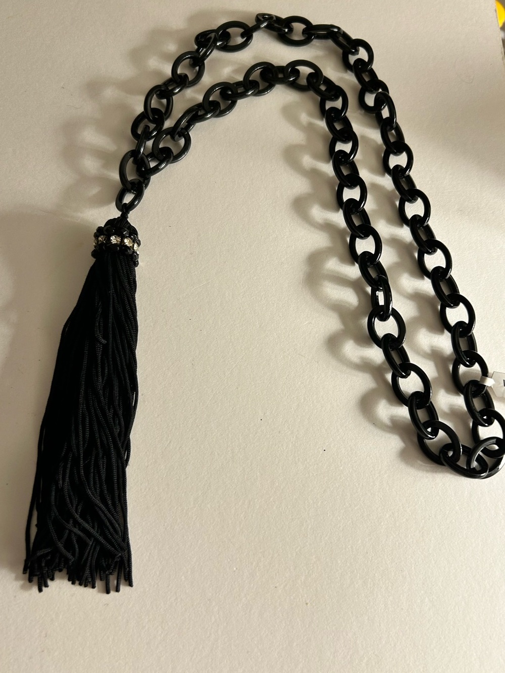 NWT Blue Sky Necklace Black Lucite Oval Link chain, black Silk & Crystal Tassel